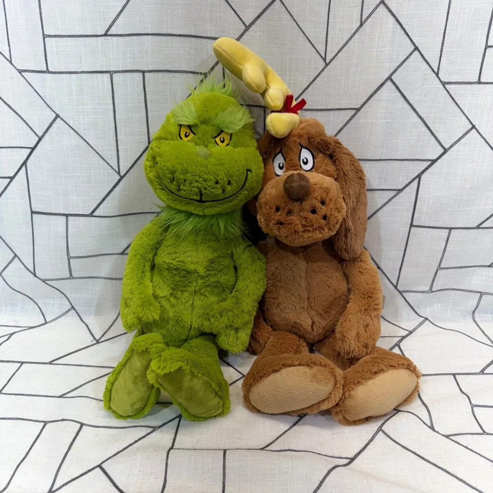 Aurora World Dr Seuss Plush Set 14in Green Brown Grinch and Max Dog Stuffed Toy